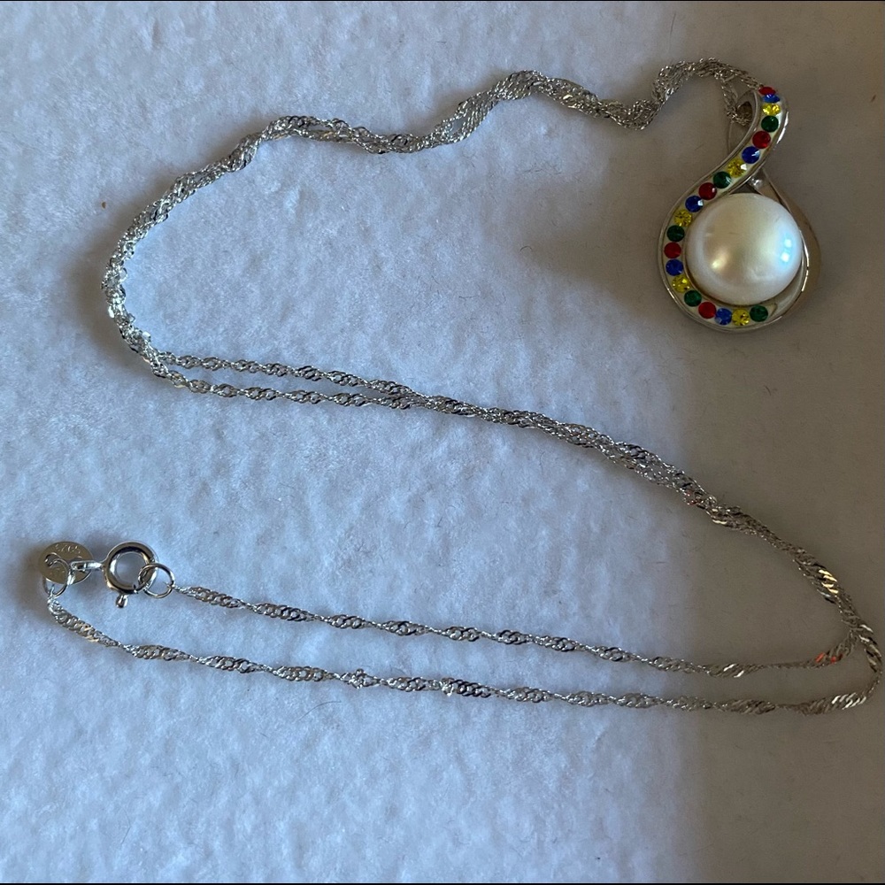 Sterling Silver Autism awareness gems and pearl necklace